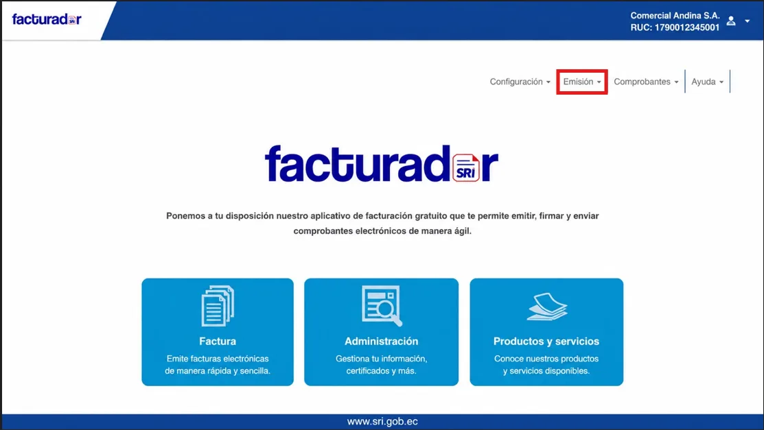 Pantalla principal del Facturador SRI con el menú Emisión resaltado en la parte superior