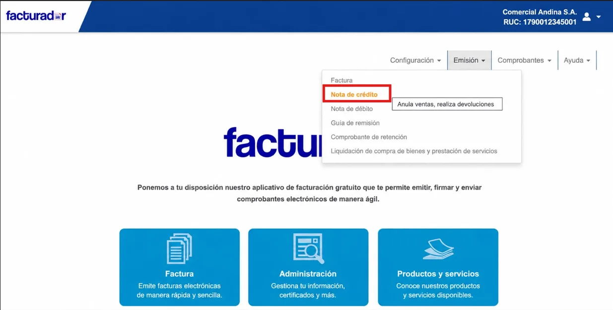 Menú Emisión del Facturador SRI desplegado con la opción Nota de crédito resaltada y el texto Anula ventas, realiza devoluciones