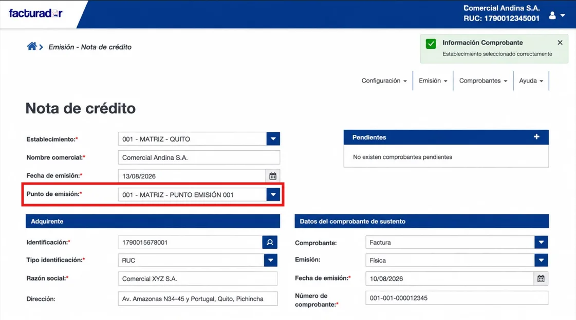 Formulario Nota de crédito del Facturador SRI con el campo Punto de emisión resaltado