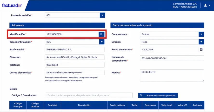 Sección Adquirente del Facturador SRI con el campo Identificación resaltado y el ícono de búsqueda para cargar los datos del cliente