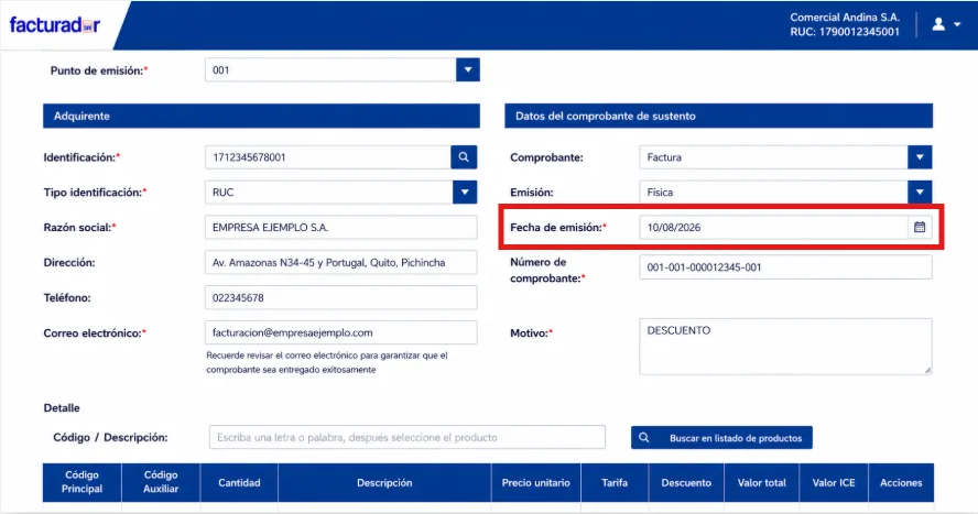 Sección Datos del comprobante de sustento del Facturador SRI con el campo Fecha de emisión de la factura original resaltado