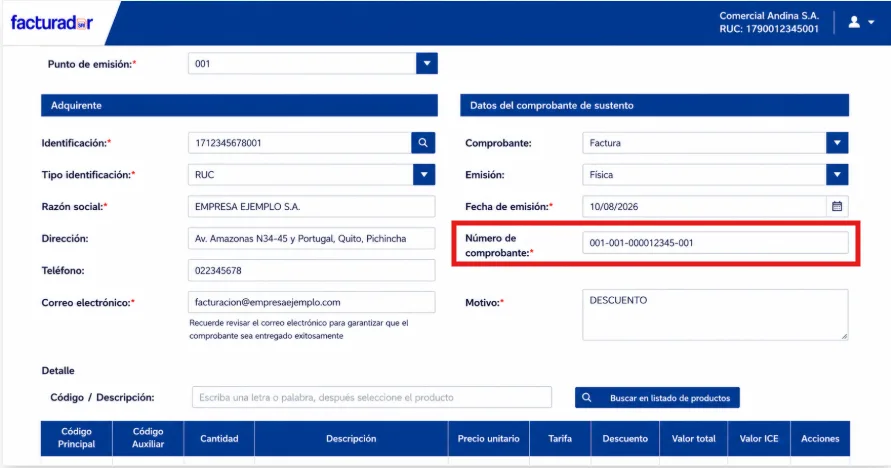 Sección Datos del comprobante de sustento del Facturador SRI con el campo Número de comprobante de la factura original resaltado