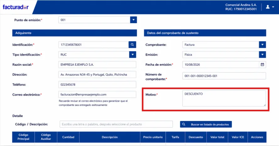 Formulario del Facturador SRI con el campo Motivo de la nota de crédito resaltado
