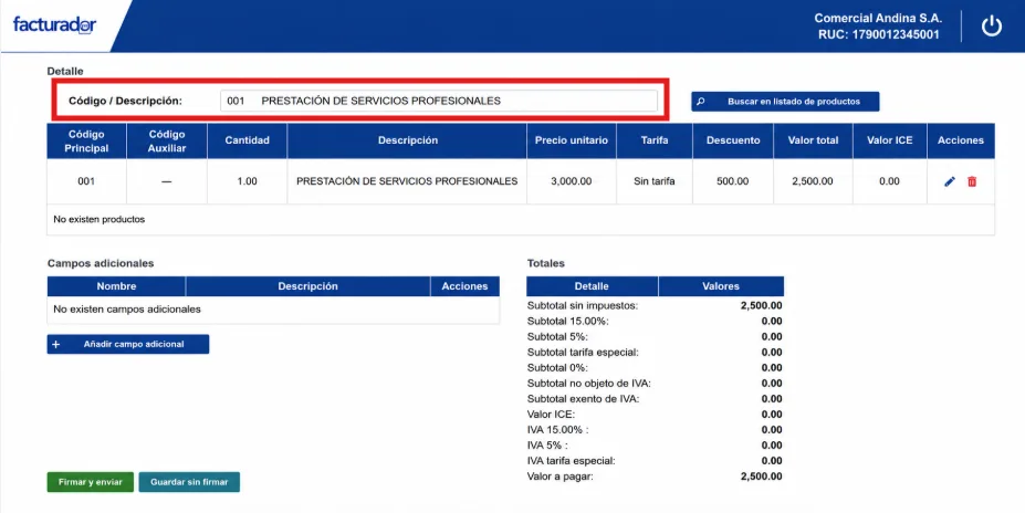 Sección Detalle del Facturador SRI con el campo Código / Descripción resaltado y el producto agregado a la tabla