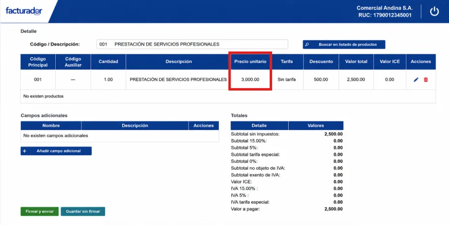 Tabla de detalle del Facturador SRI con la columna Precio unitario resaltada mostrando el valor de la factura original
