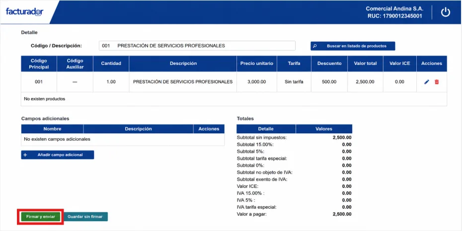 Pantalla de detalle del Facturador SRI con el botón Firmar y enviar resaltado para emitir la nota de crédito
