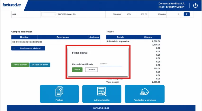 Ventana Firma digital del Facturador SRI solicitando la clave del certificado con el botón Enviar