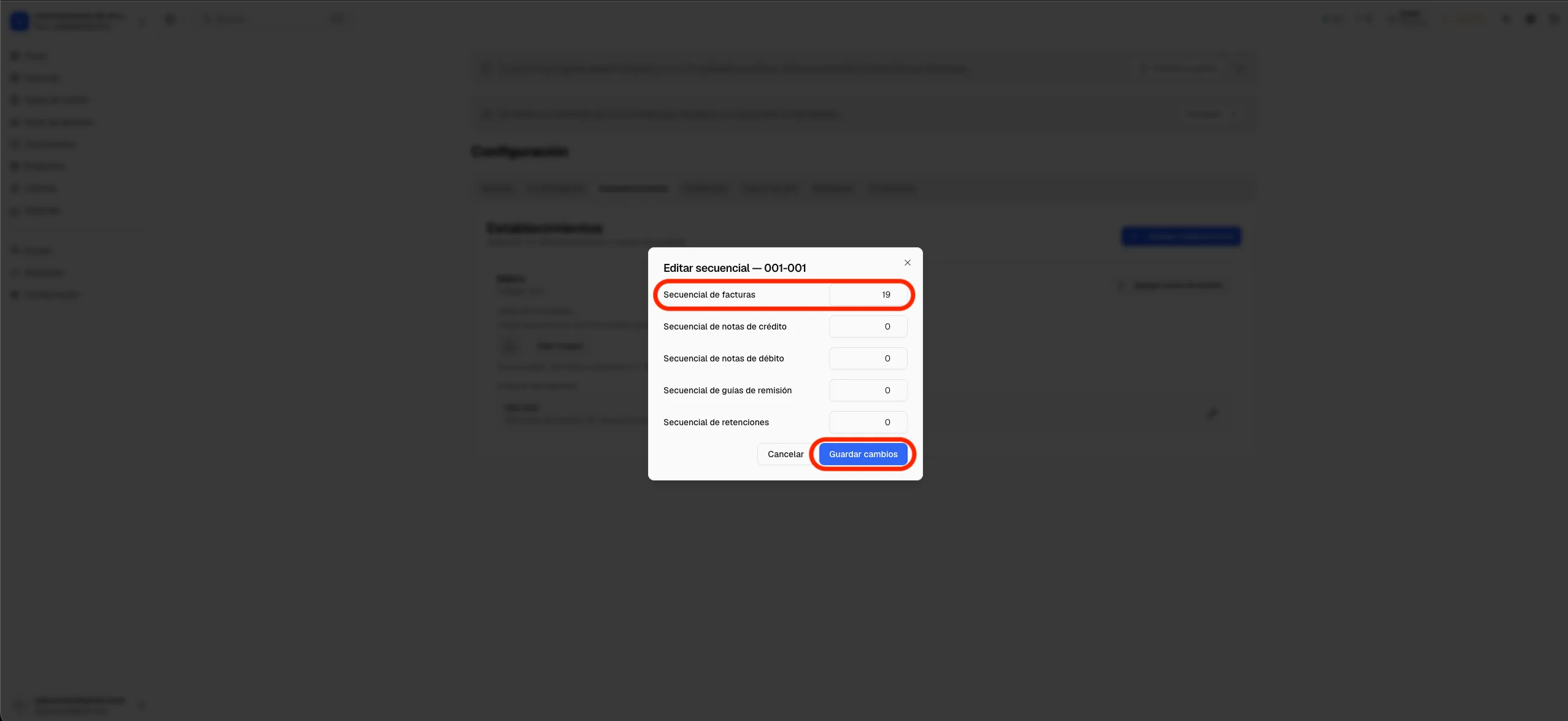 Pantalla de Factuplan mostrando el punto de emisión seleccionado y el campo del secuencial editable donde se ajusta el próximo número que tomará la siguiente factura