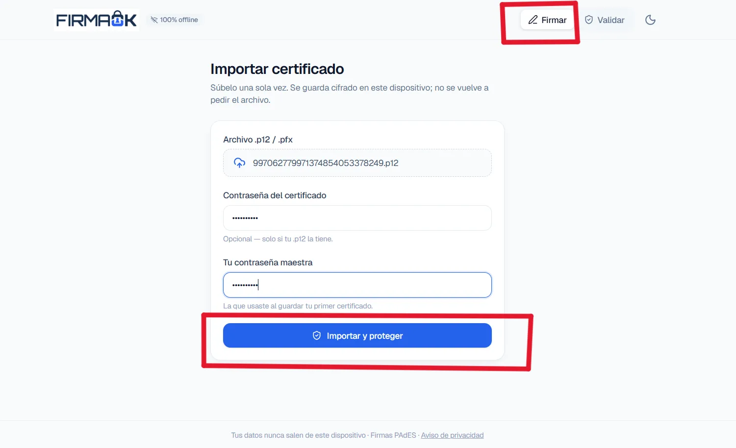 Pantalla «Importar certificado» del Firmador Online, dentro de la sección Firmar: subir archivo .p12 o .pfx, contraseña del certificado y contraseña maestra, con el botón «Importar y proteger»
