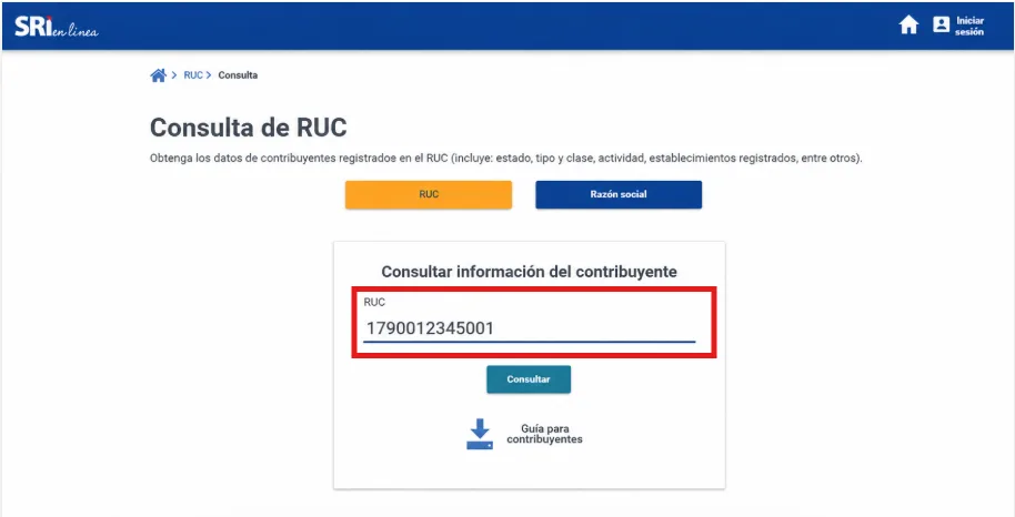 Pantalla Consulta de RUC del SRI con el campo RUC resaltado y un número de RUC de ejemplo ingresado