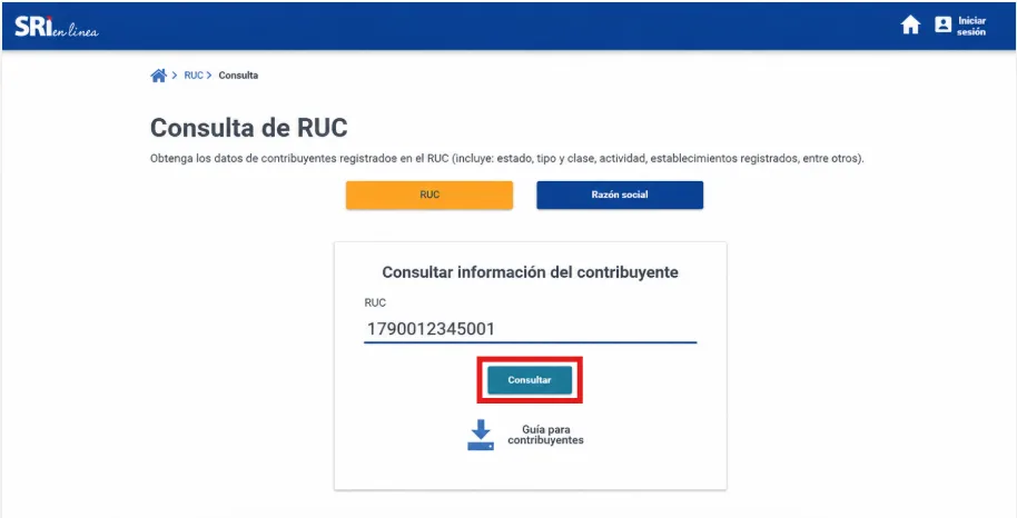 Pantalla Consulta de RUC del SRI con el botón Consultar resaltado bajo el campo del número de RUC