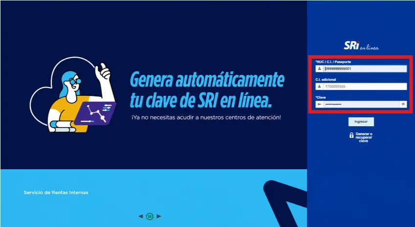 Formulario de acceso del SRI en Línea con los campos RUC / C.I. / Pasaporte, C.I. adicional y Clave resaltados para ingresar las credenciales