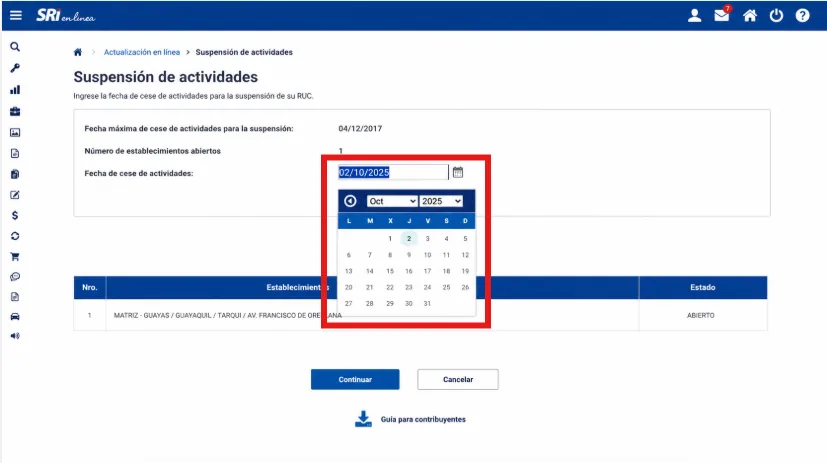 Pantalla Suspensión de actividades del SRI con el calendario abierto para seleccionar la fecha de cese de actividades resaltado