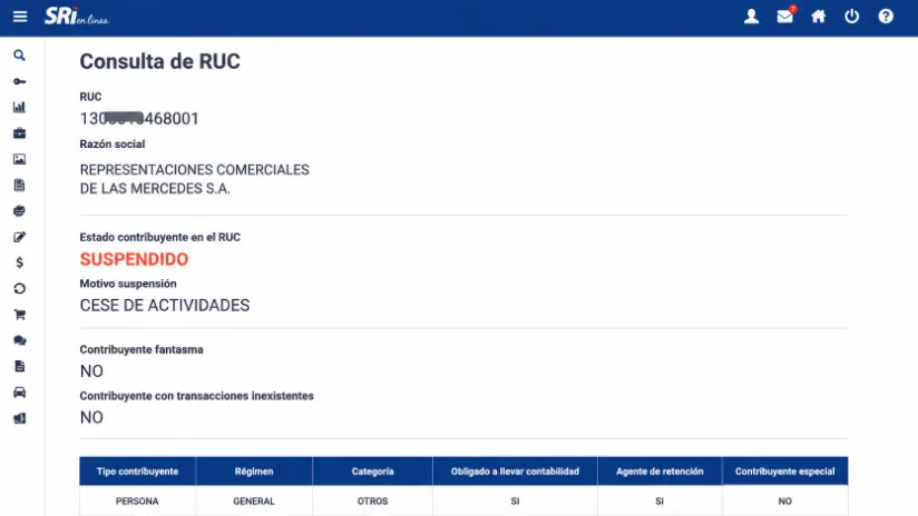 Pantalla Consulta de RUC del SRI mostrando el estado del contribuyente en SUSPENDIDO y el motivo de suspensión CESE DE ACTIVIDADES