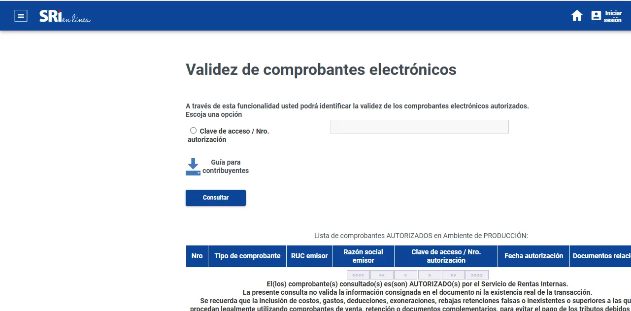 Portal Validez de comprobantes electrónicos del SRI en Línea con el formulario de consulta pública, la opción Clave de acceso / Nro. autorización y el botón Consultar