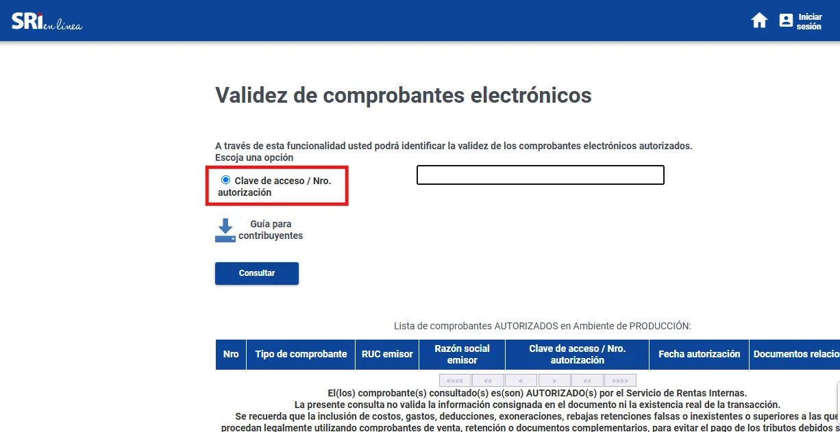 Formulario del portal de validez del SRI con la opción Clave de acceso / Nro. autorización marcada y resaltada