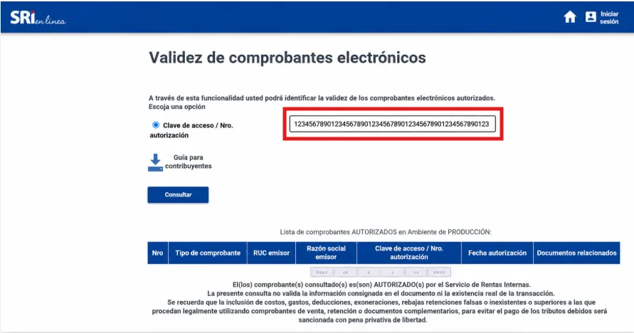 Campo de consulta del portal de validez del SRI con la clave de acceso de 49 dígitos pegada y resaltada