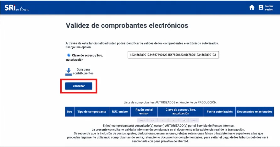 Portal de validez del SRI con la clave de acceso ingresada y el botón Consultar resaltado