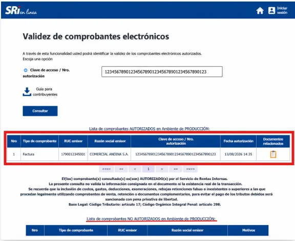 Resultado de la consulta en el portal del SRI mostrando el comprobante en la lista de comprobantes AUTORIZADOS con tipo, RUC emisor, razón social, clave de acceso y fecha de autorización
