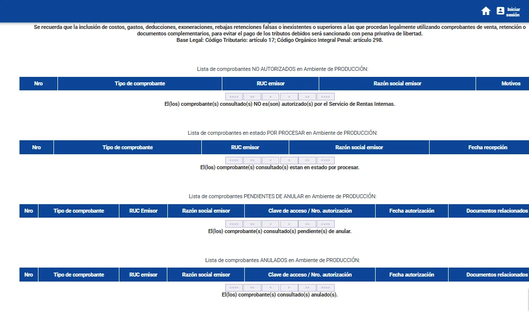 Listas del portal de validez del SRI para comprobantes NO AUTORIZADOS, en estado POR PROCESAR, PENDIENTES DE ANULAR y ANULADOS, vacías en esta consulta