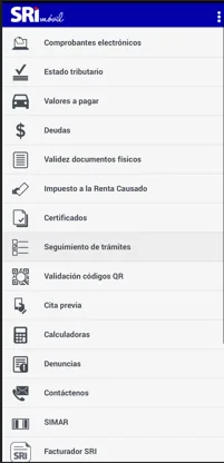Menú actual de la app SRI Móvil con opciones como Comprobantes electrónicos, Estado tributario, Validez documentos físicos y Validación códigos QR, sin un módulo de validez de comprobantes electrónicos por clave de acceso