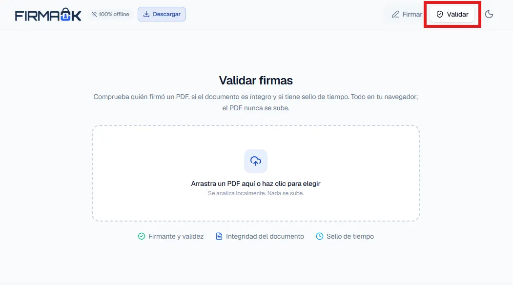 Pantalla Validar firmas del firmador de FirmaOK con el botón Validar resaltado en rojo en la esquina superior derecha y la zona para arrastrar un PDF