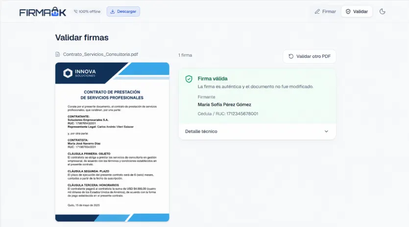 Resultado del validador de FirmaOK mostrando un contrato PDF junto al panel Firma válida con el mensaje de que la firma es auténtica y el documento no fue modificado, y los datos del firmante