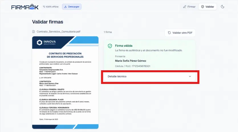 Panel de resultado del validador de FirmaOK con el desplegable Detalle técnico resaltado en rojo debajo de los datos del firmante