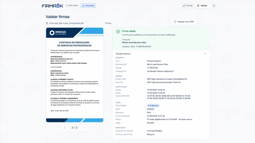 Detalle técnico expandido del validador de FirmaOK mostrando los datos del firmante, el emisor del certificado, la vigencia, la huella SHA-256, el perfil de firma PAdES y la sección de integridad con hash del documento íntegro