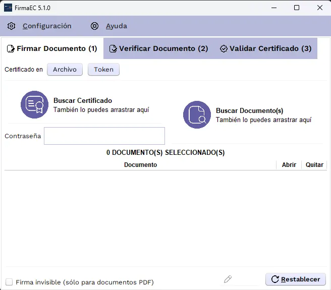 Pantalla principal de FirmaEC 5.1.0 con las pestañas Firmar Documento, Verificar Documento y Validar Certificado, los botones Archivo y Token, y las zonas Buscar Certificado y Buscar Documentos