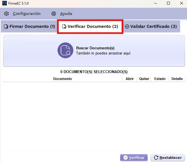 FirmaEC con la pestaña Verificar Documento resaltada en rojo, mostrando la zona Buscar Documentos, la lista de documentos seleccionados y los botones Verificar y Restablecer