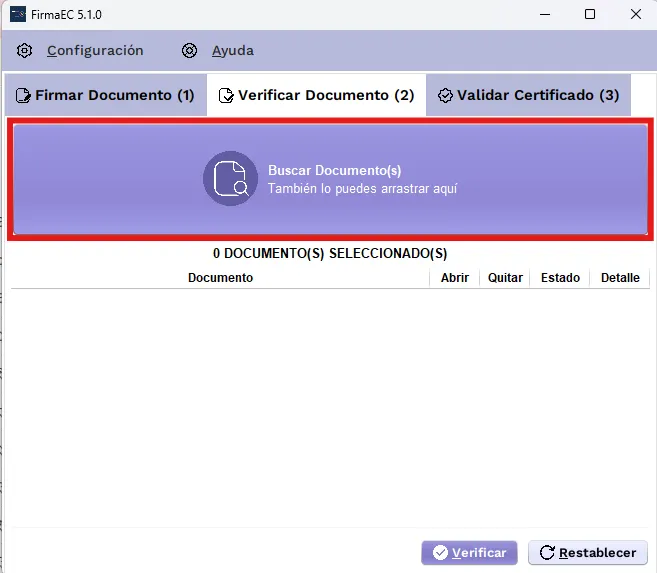 Pestaña Verificar Documento de FirmaEC con la zona Buscar Documentos resaltada en rojo sobre la lista de documentos seleccionados