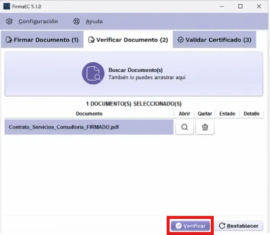 FirmaEC con un documento PDF cargado en la lista de seleccionados y el botón Verificar resaltado en rojo en la parte inferior