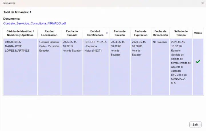 Ventana Firmantes de FirmaEC mostrando la tabla con cédula y nombres del firmante, razón y localización, fecha de firmado, entidad certificadora, fechas de emisión y expiración, revocación, sellado de tiempo y el check verde de validez